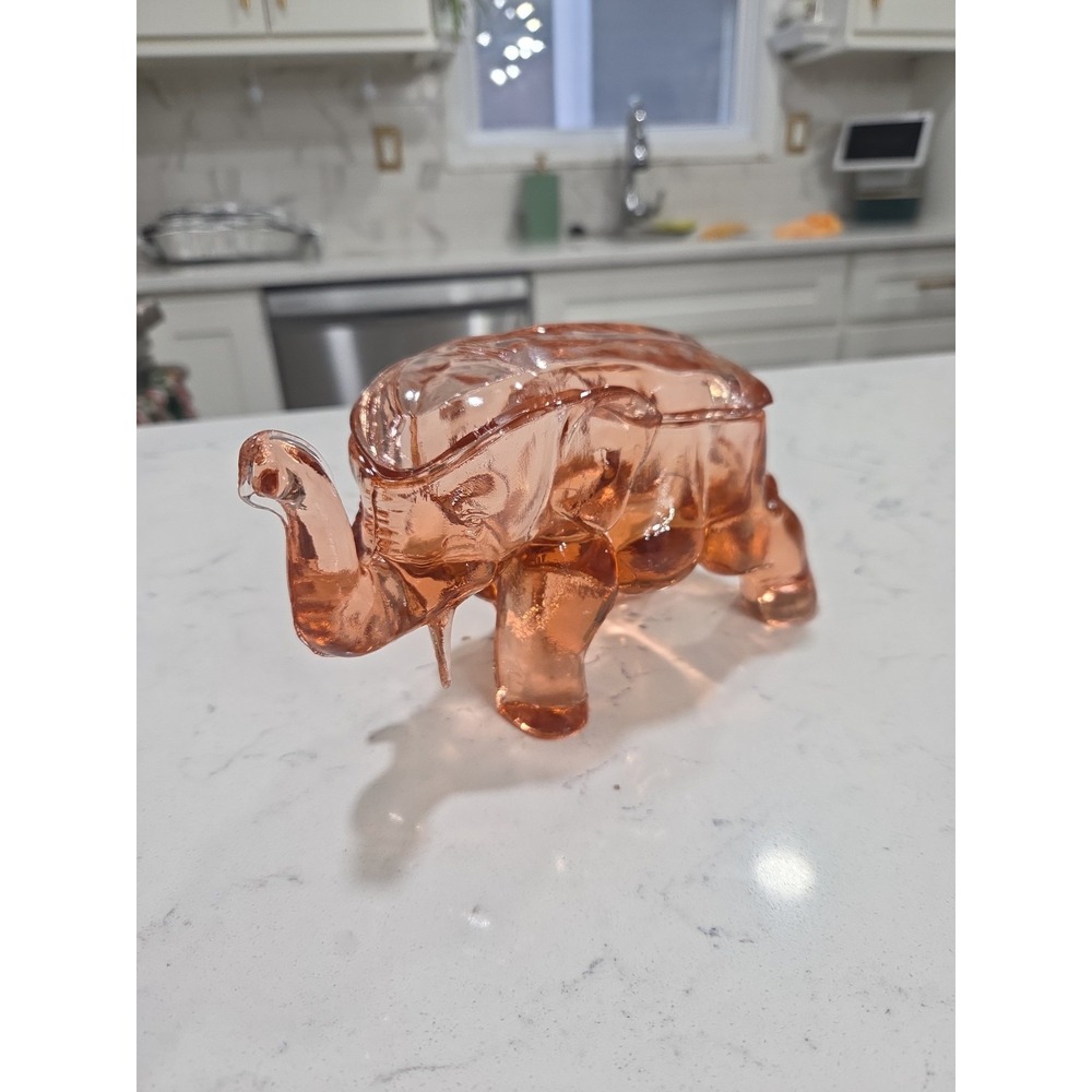 Vintage Indiana Depression Pink Glass Elephant Candy Trinket Box w Lid Trunk Up